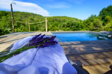 The pool is installed in the middle of the countryside in the South of France. The blue sky, the green garrigue, the purple lavender and the scent of pine resin reminds us of wonderful childhood holidays ... it's just like a dream.