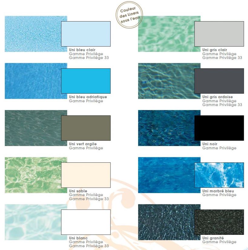 A selection of water and liner colours for swimming pools