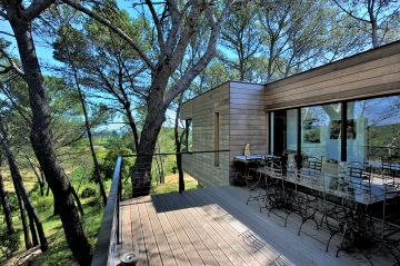 Petite terrasse en bois entourée d'arbres
