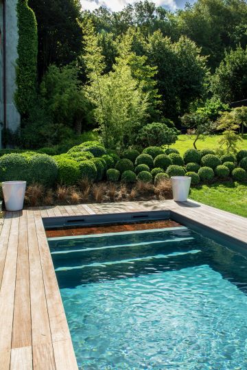 The cultivated mass of small round shrubs contrasts sharply with the purity of the pool's lines. This contrast successfully highlights both the landscaping and the pool…