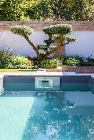 Dans le prolongement de la piscine un arbre taillé en bonsaï apporte une aura zen à la composition de l'espace extérieur.