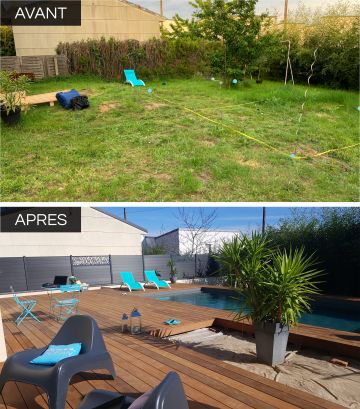 Montage d'un avant/après implantation d'une Pisicnelle dans un jardin.