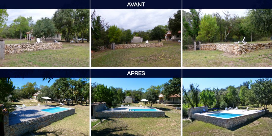 Avant / après l'implantation de la piscine vue depuis trois angles différents