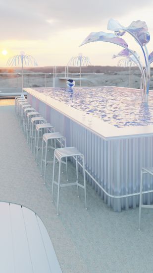 A la lueur du soleil couchant, la piscine synthétise l'esthétisme, le bien-être, la convivialité avec son invitation à l'échange autour du bar et, toujours, le respect de l'environnement grâce à sa conception en aluminium, un matériau 100% recyclable, pour la mise en œuvre de cette vision artistique.