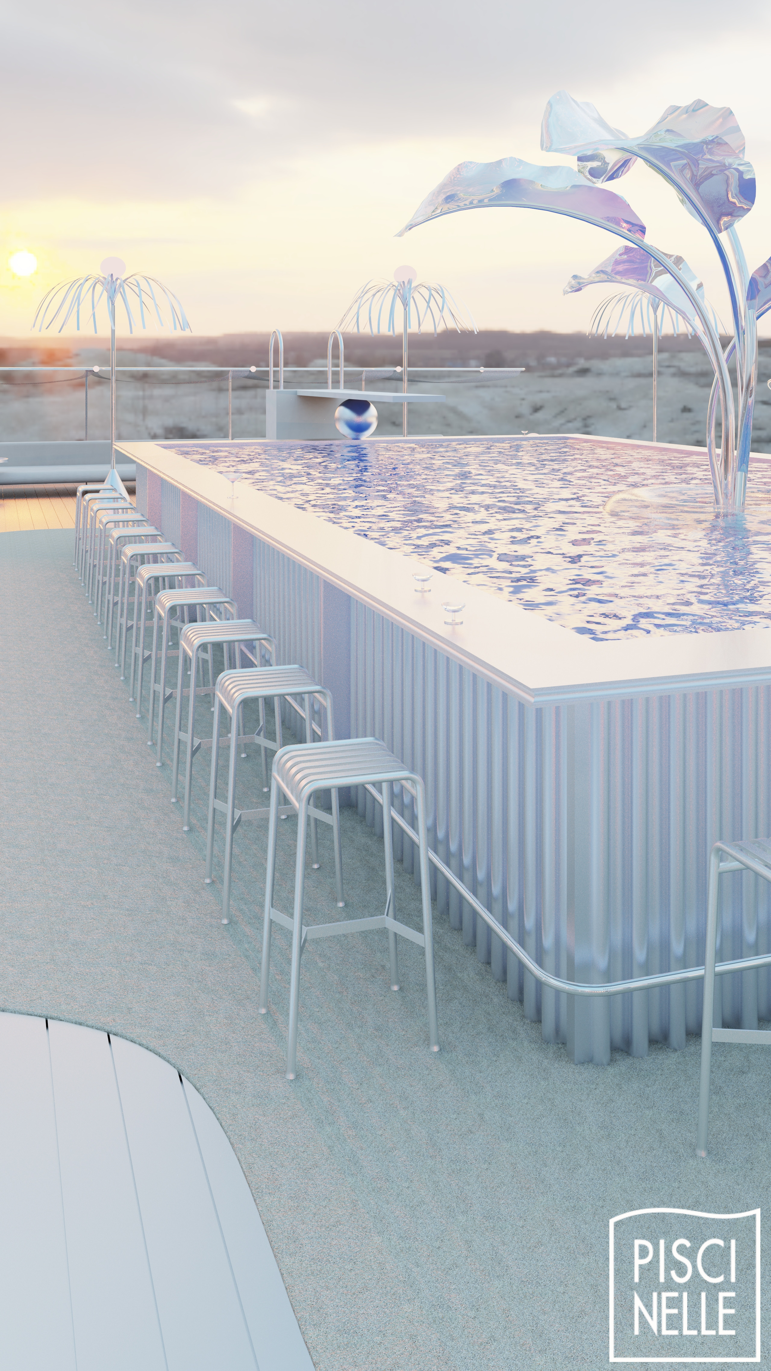The space is focused on the pool and organised so that people circulate around it. It symbolises the source and renewal of social contact, particularly through its function as a bar, where we can imagine animated chatter over cocktails tinted pink by the setting sun.