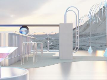 A diving board, parasols, barstools and cocktails provide the classic pool party vocabulary, which the artist has reinterpreted here sensitively and with striking modernity.